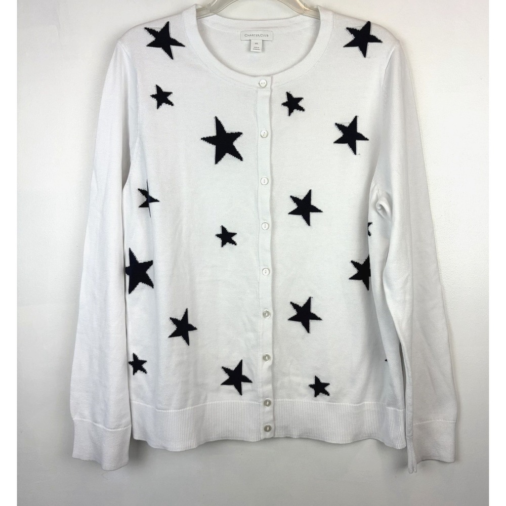 Star Cardigan Sweater Womens XXL Black White 2XL Coastal Nautical Casual